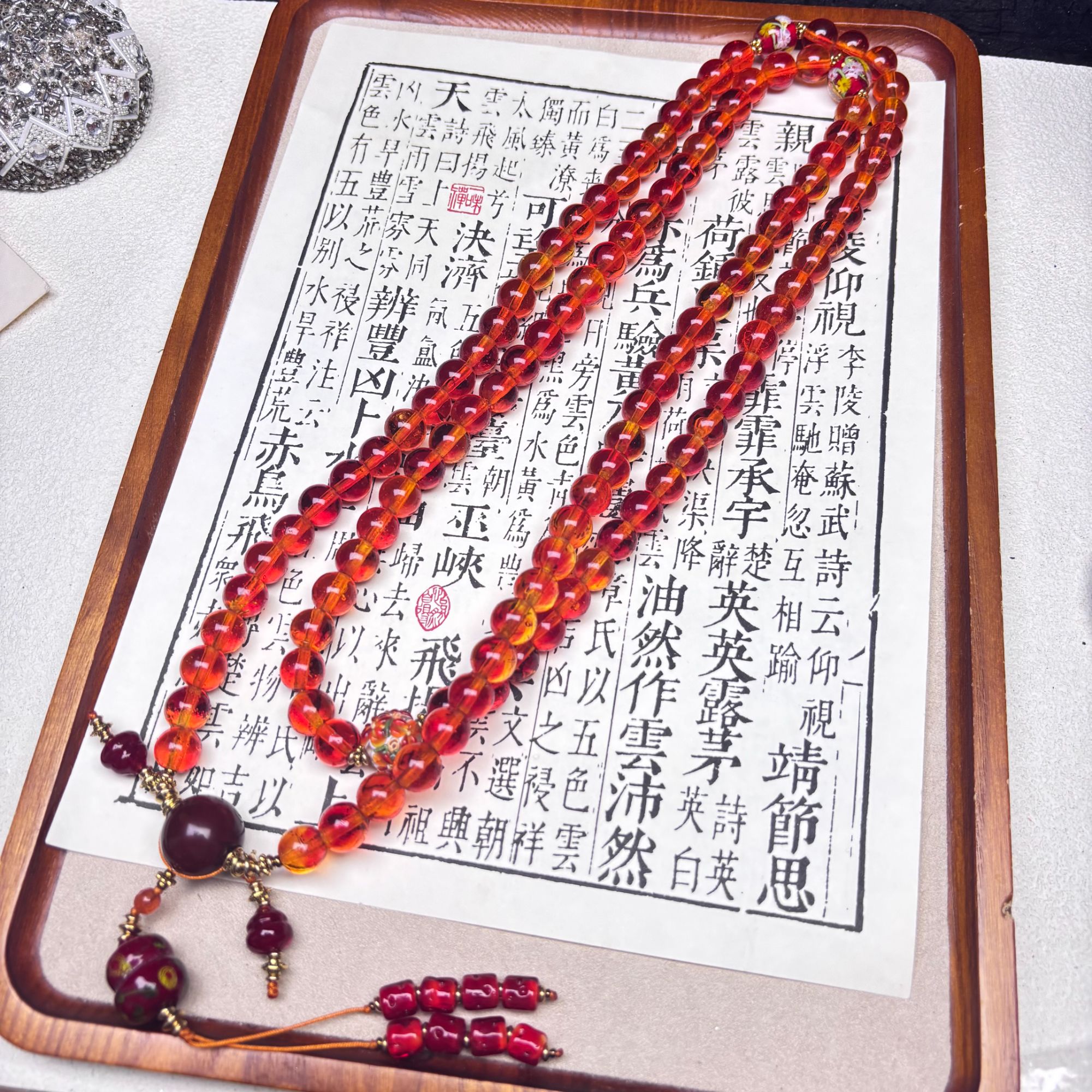 合金项链 LZ7148-1 12mm东方红108颗满串琉璃项链