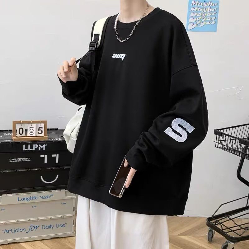 港风简约圆领卫衣男士新款潮加绒痞帅百搭休闲上衣03