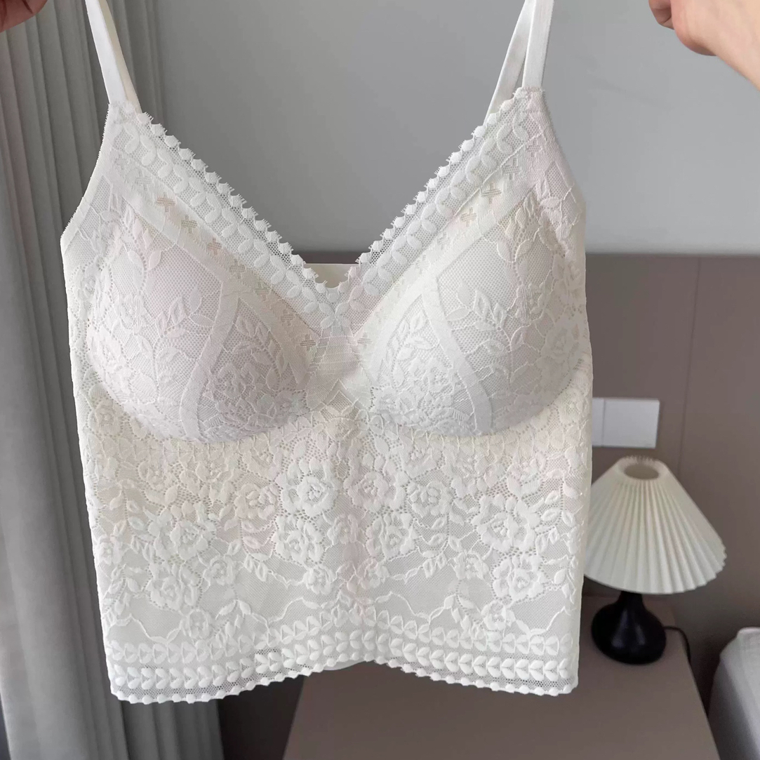 法式轻奢蕾丝吊带背心美背自带胸垫V领内衣纯欲百搭白色内搭外穿