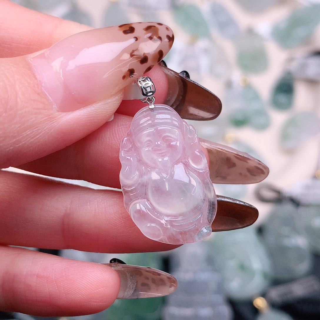 翡翠颈饰18K金镶嵌飘花财神30.7、25、16、3.7