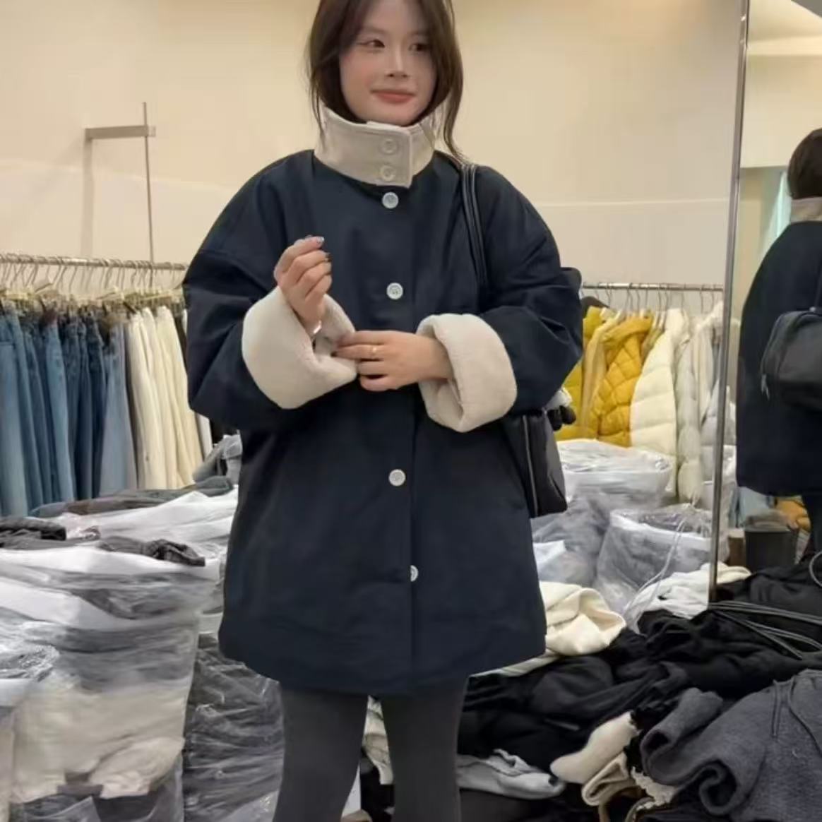 3602冬日温莎 立领仿羊羔毛领中长工装羽绒外套