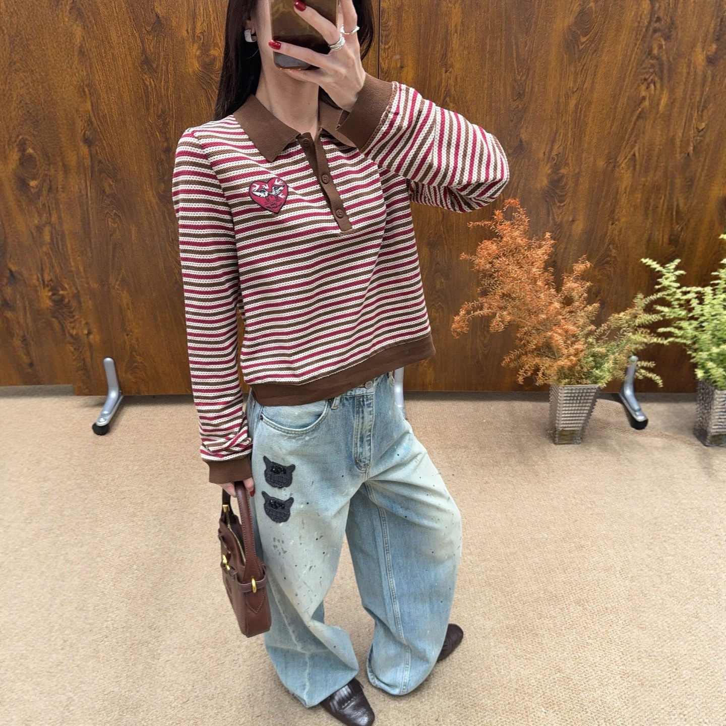 现货【小怪兽条纹POLO衫】小众设计师品牌长袖宽松纽扣翻领时尚上衣