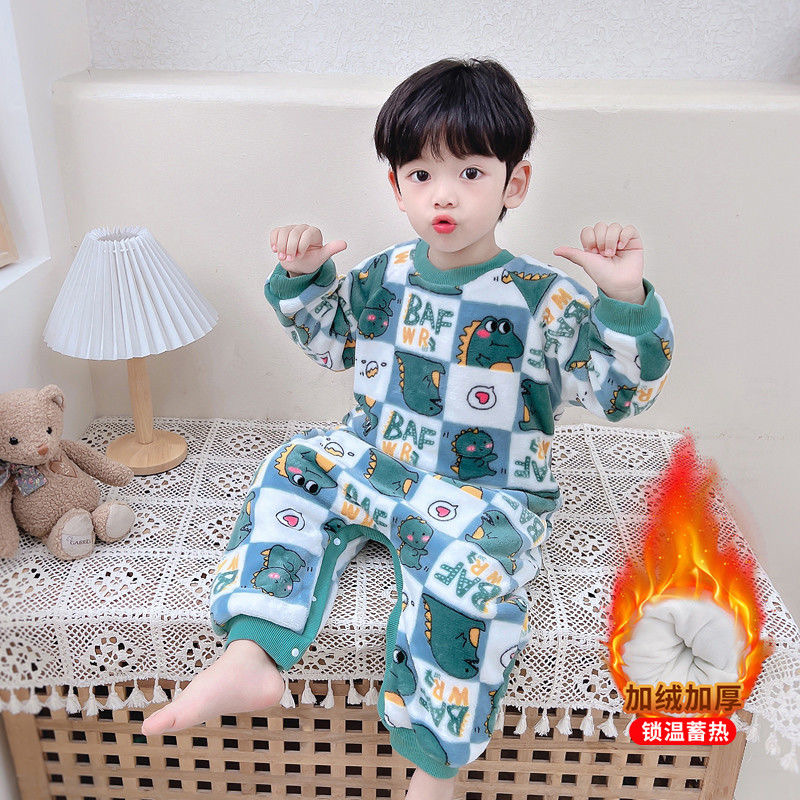 双层加绒连体睡衣家居服儿童男女宝宝秋冬装加厚