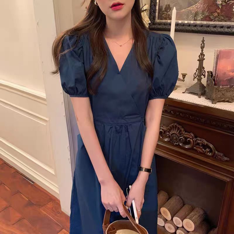 8928蓝色短袖连衣裙