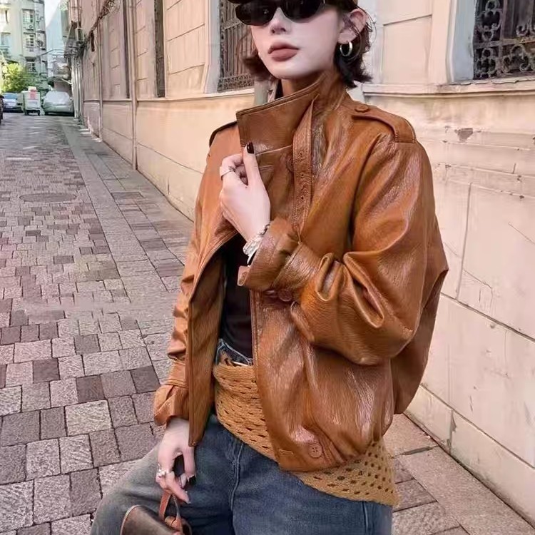 9332立领皮扣翻领短款外套A16-12