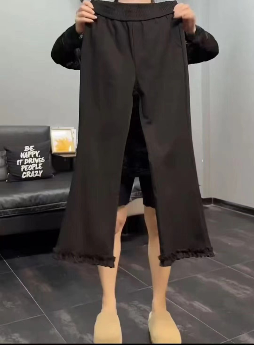 大码黑色微喇木耳花边九分裤