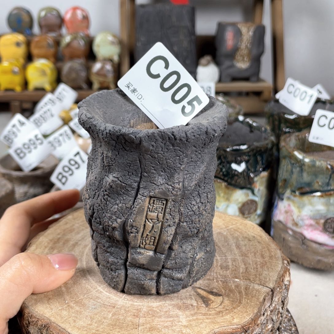 紫砂花盆孤品 不规则油画山石老桩外口7