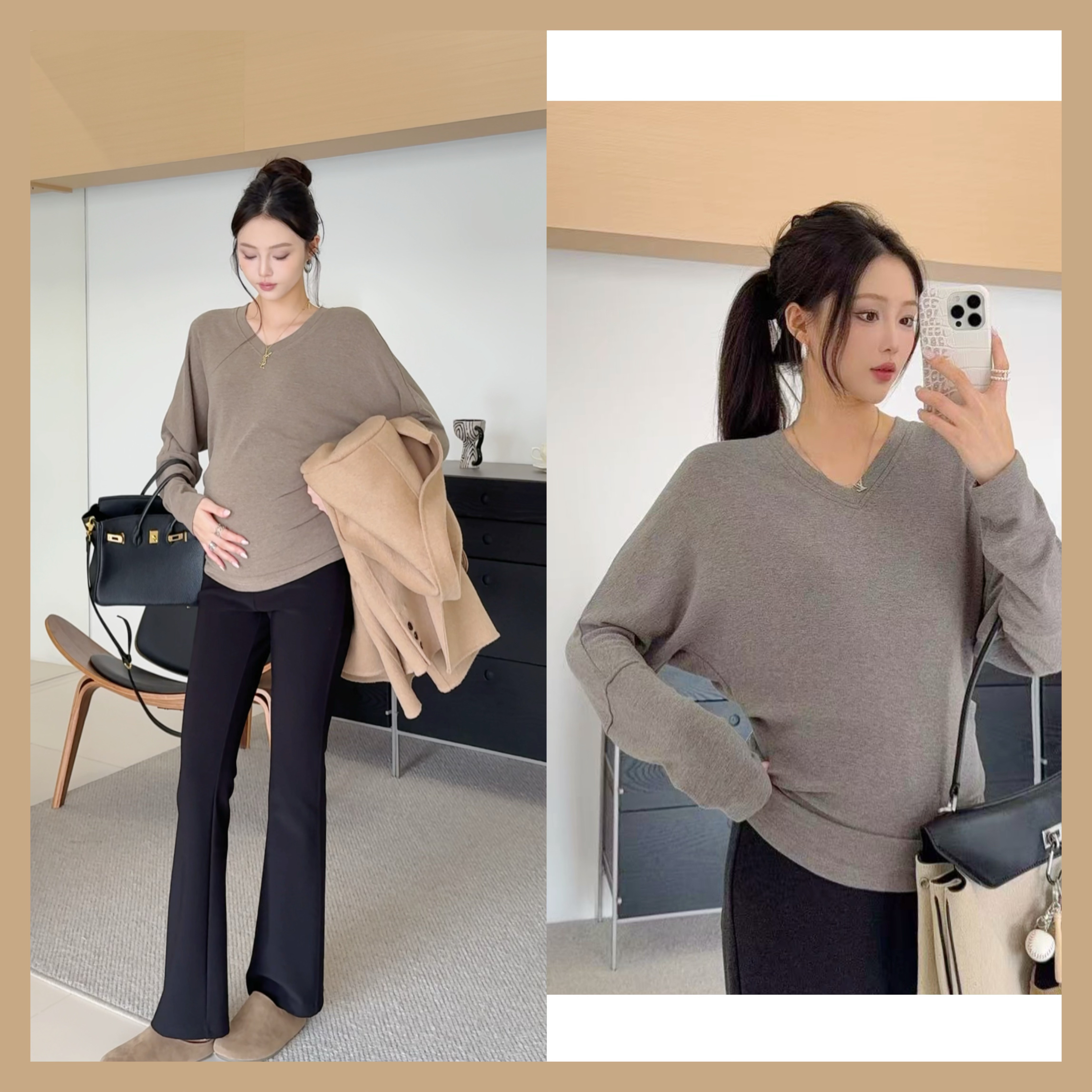 燕麦色V领孕妇上衣女2025秋季新款孕妇装宽松长袖针织打底衫4681