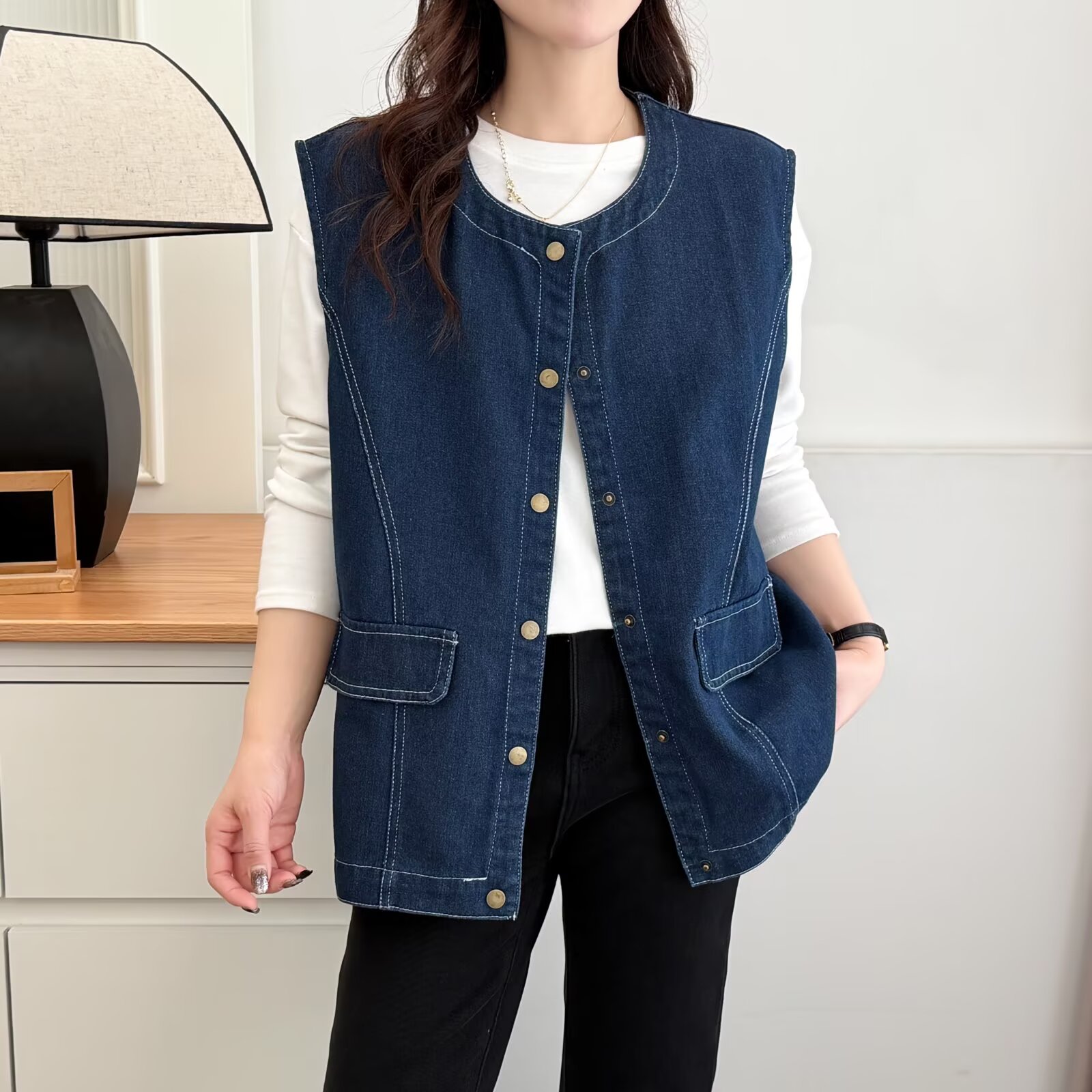 简约百搭圆领春季新款微胖mm大码女装水洗牛仔无袖马甲背心外套