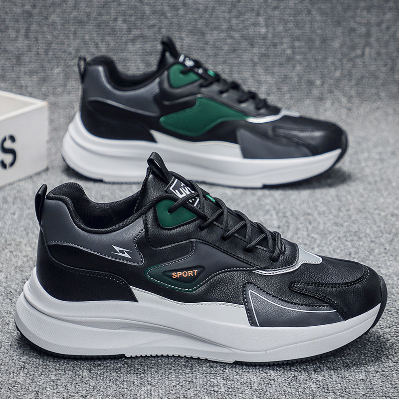 透气条纹休闲板鞋系带工装男鞋夏季橡胶软底格子合成革潮鞋