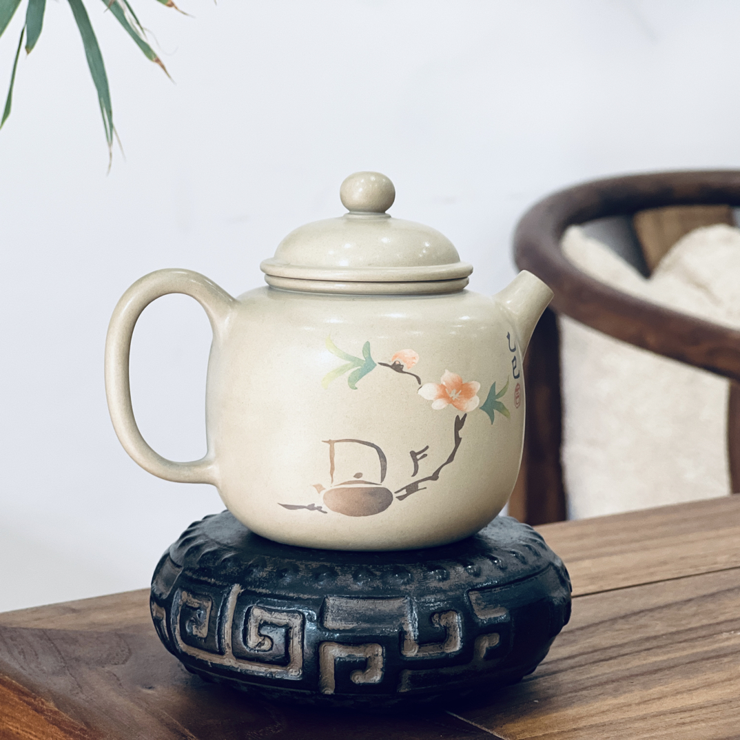 【建水紫陶白泥壶茶具泡茶壶】阴刻阳填
