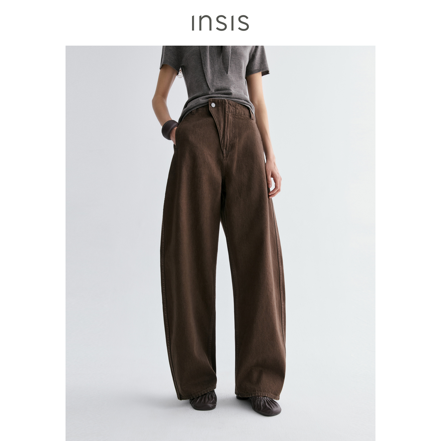 INSIS FEMME 水洗红边牛仔2025秋流光风新中式偏门襟弯刀牛仔裤