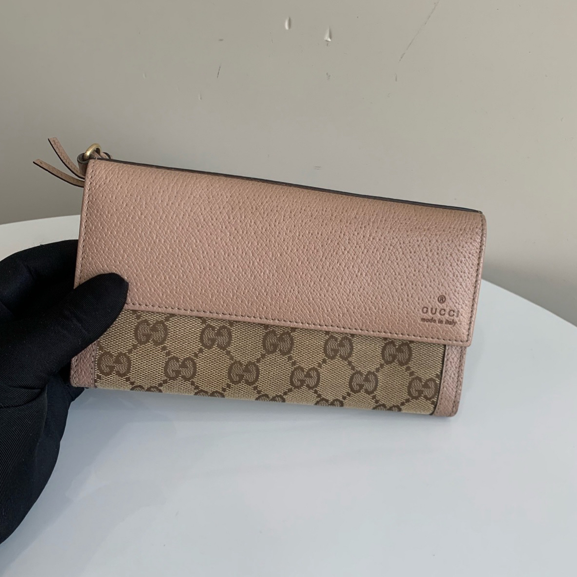 95新 GUCCI/古驰 老花logo 双G挂饰帆布拼皮长款翻盖式钱包
