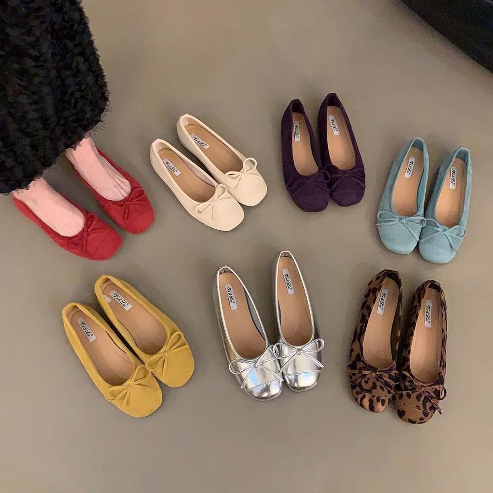 法式复古软底单鞋银色女鞋子夏季瓢鞋晚风蝴蝶结平底鞋红色奶奶鞋