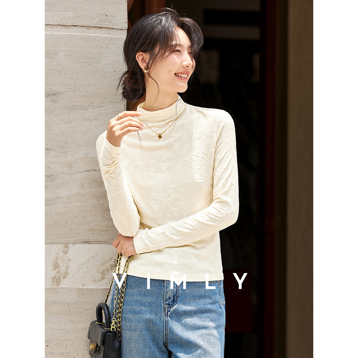 F梵希蔓肌理感国风提花针织t恤女秋半高领修身上衣A2660