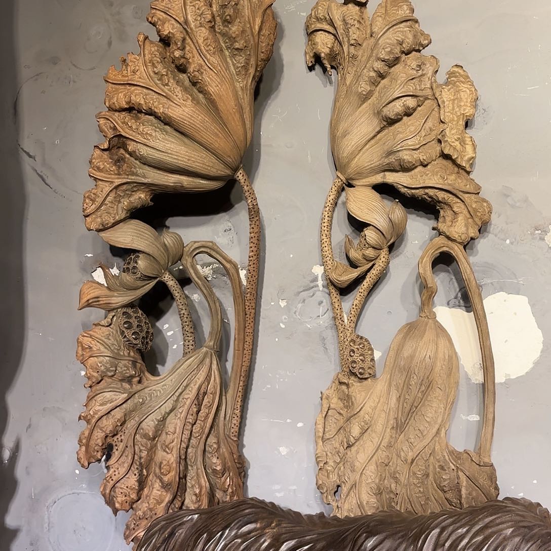 金丝楠金丝楠木雕刻荷花一对