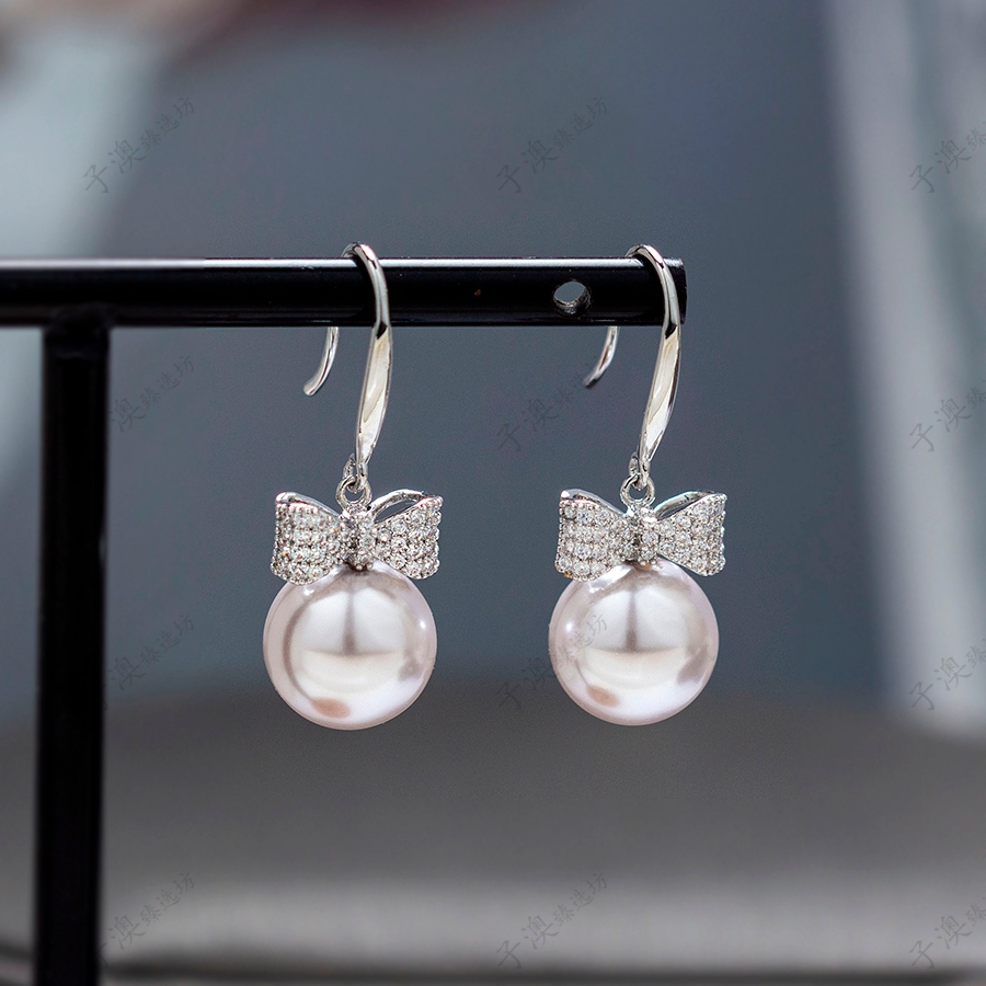 铜合金合成锆石耳饰 法式满钻银色蝴蝶结流苏温柔风珠珠耳环1383
