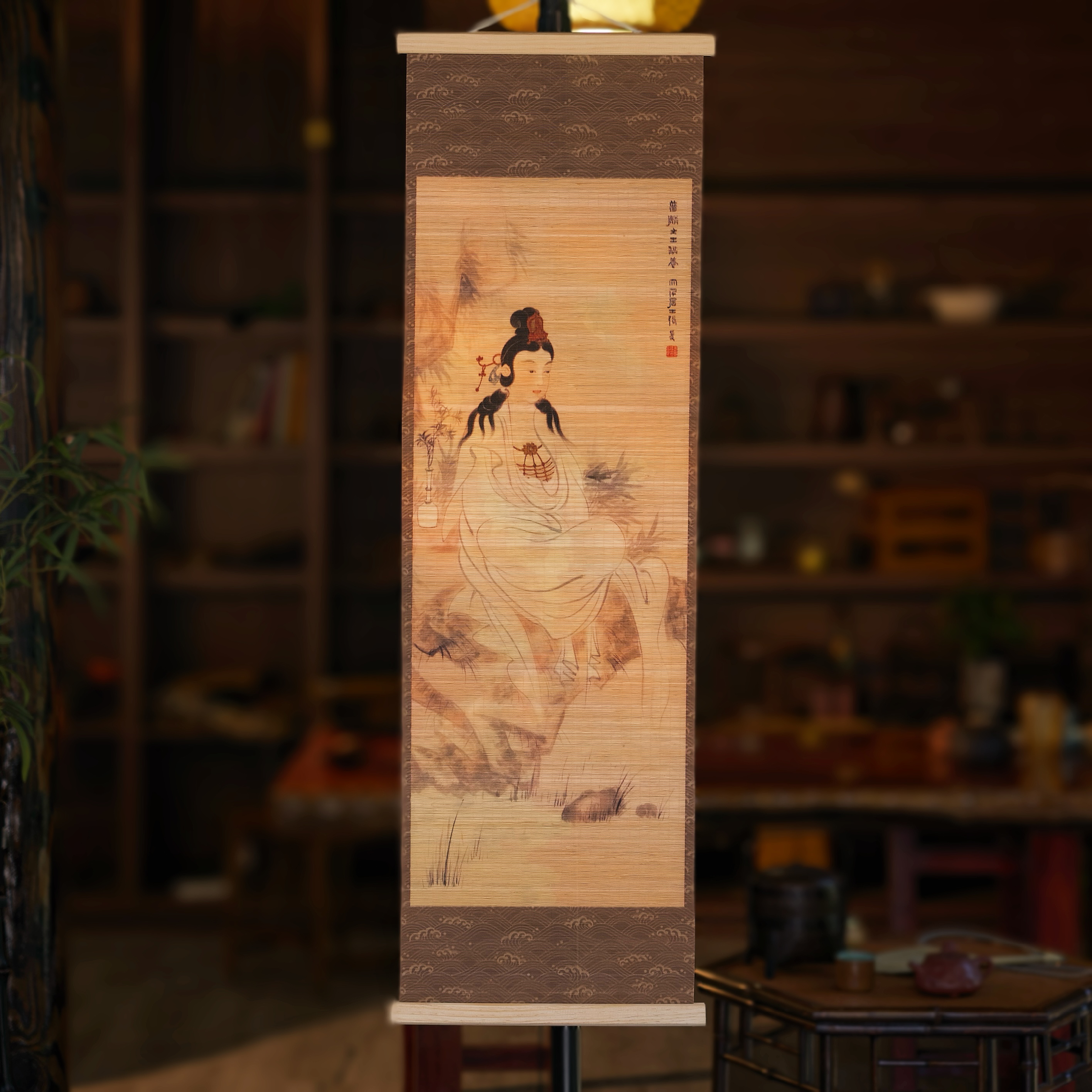 新款观音喜鹊登梅双面竹丝挂画挂帘茶室搭配挂饰装饰画竹制通用