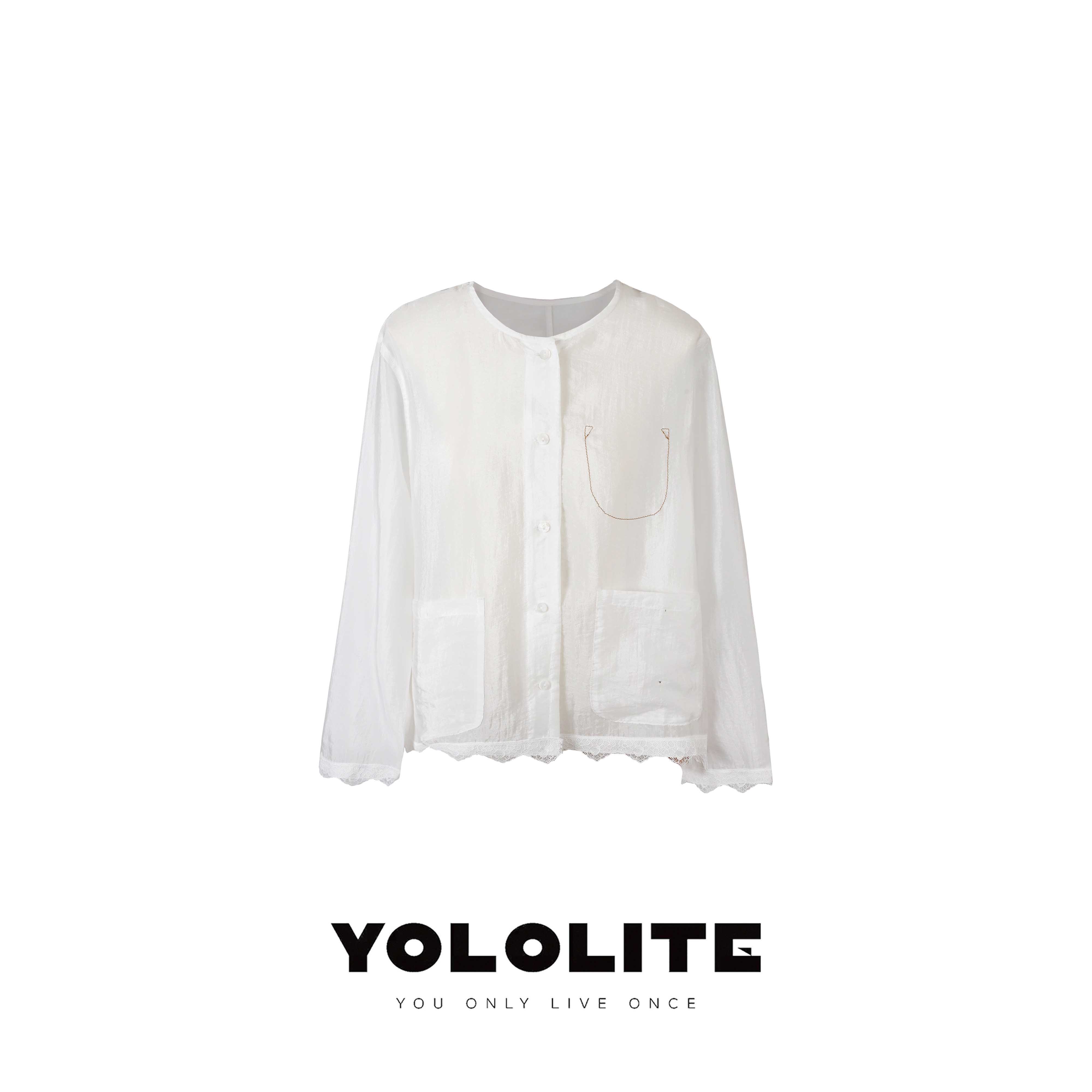 YOLOLITE【夏日上衣】2636超薄透气袖口下摆蕾丝赛丽晶圆领白衬衫