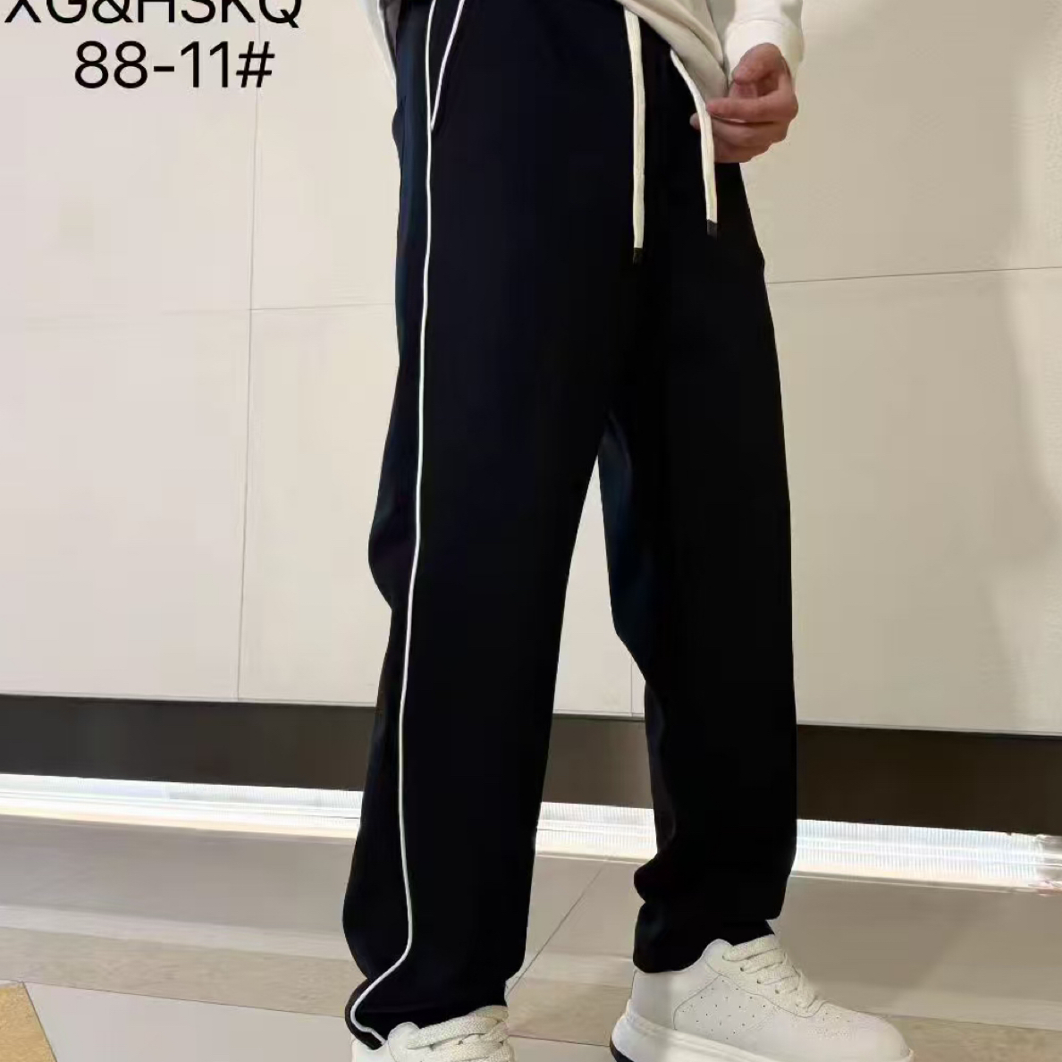 拼接保暖直筒长裤条纹黑色卫裤阔腿秋季休闲裤抽绳