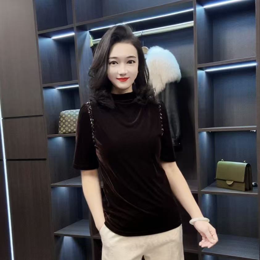 【峰姐优品】80829【WQ】时尚肩串珠半高领五分袖丝绒衫