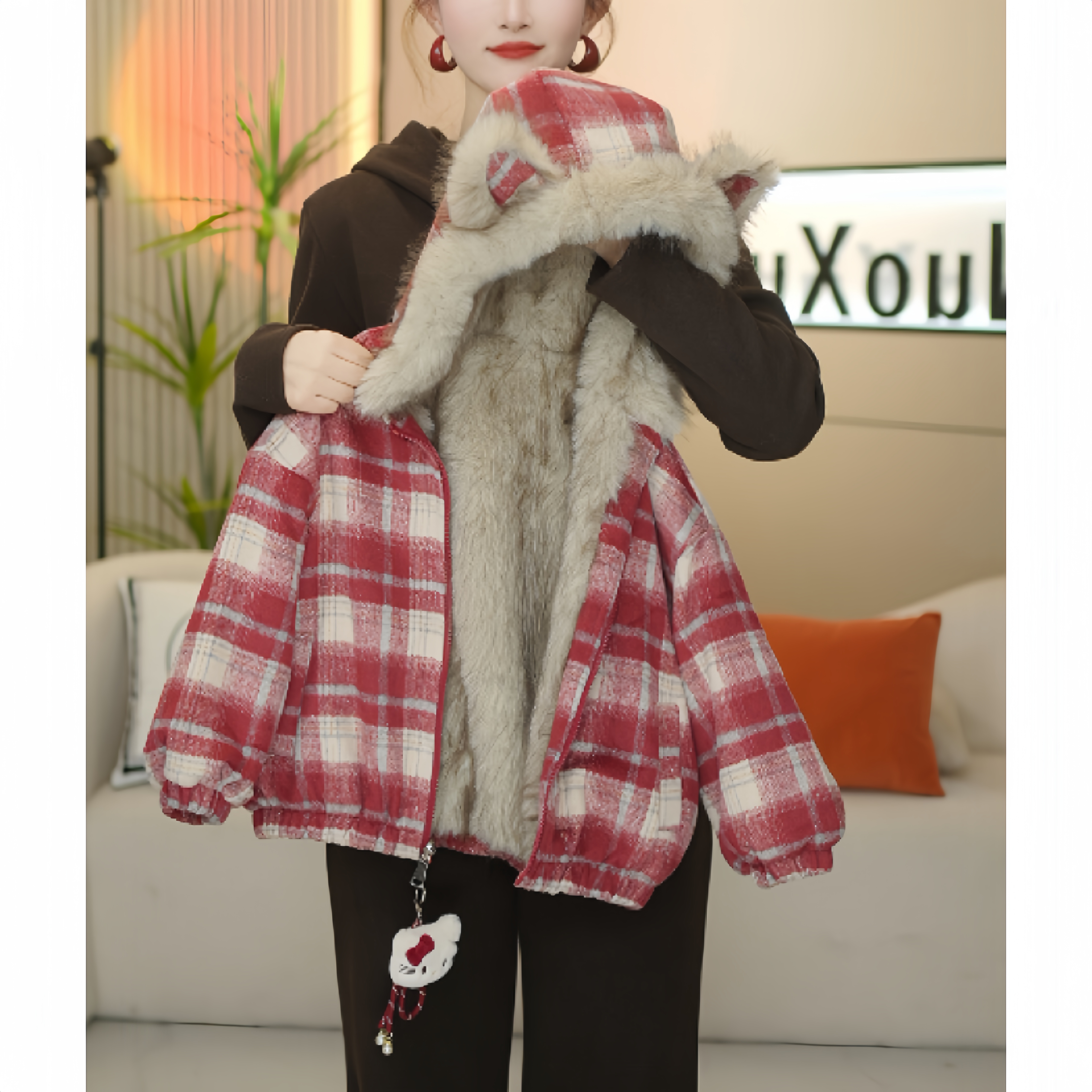 女童2025冬季新款韩版洋气呢子红格子加毛加厚棉衣外套-0276