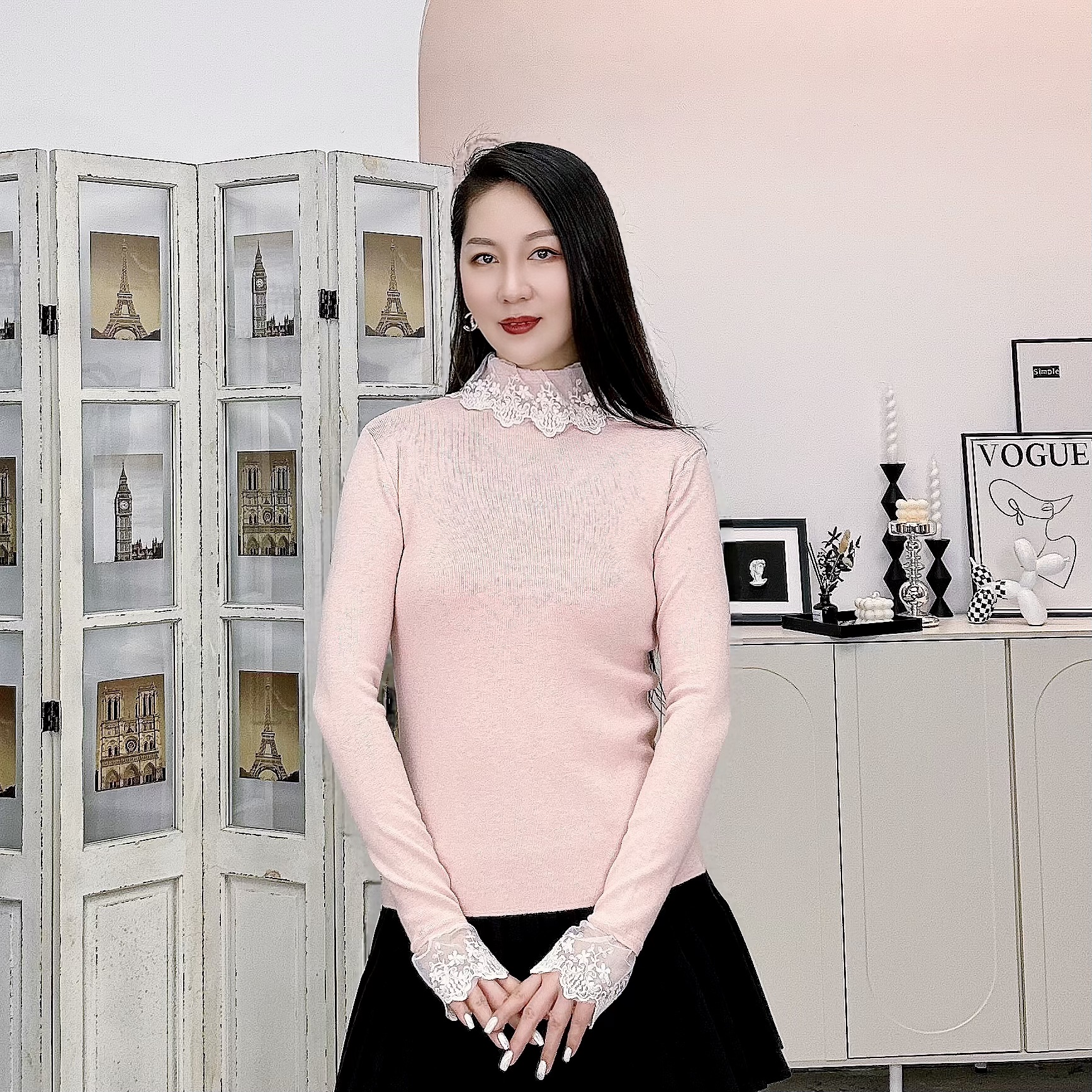 温柔风小立领蕾丝花边翻领针织长袖打底衫内搭神器氛围感穿搭毛衣