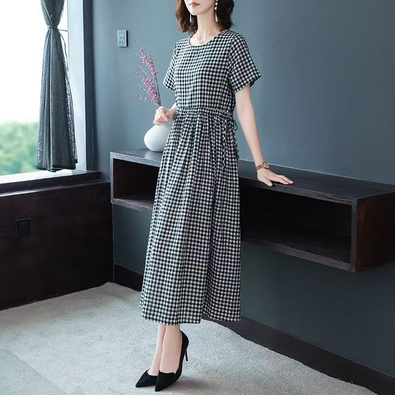 11958-新款文艺复古圆领格子短袖宽松收腰连衣裙女【B92-2-4】