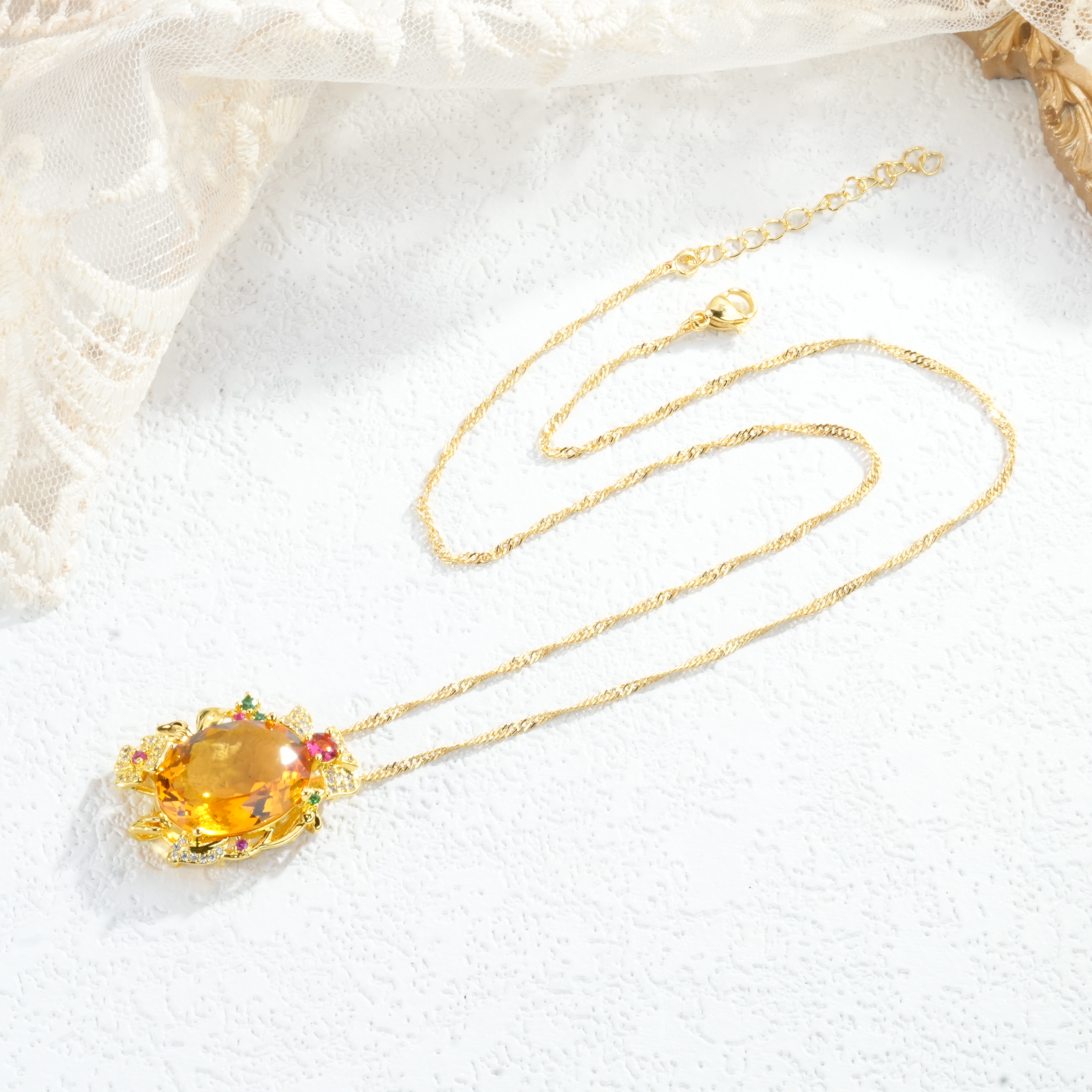 铜合金合成锆石项链 铜合金合成立方氧化锆黄色项链轻奢百搭7018