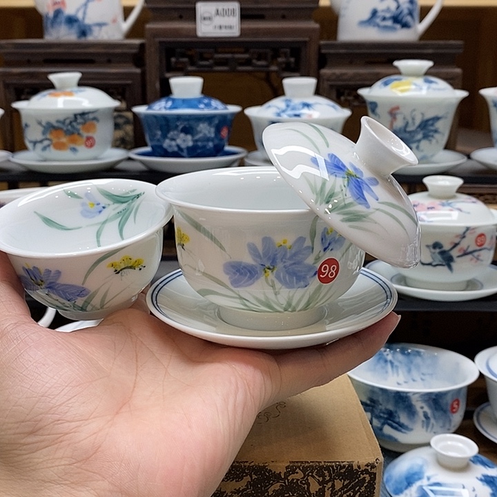 手绘蝴蝶兰盖碗160cc三才盖碗➕压手杯釉下彩微瑕福利款