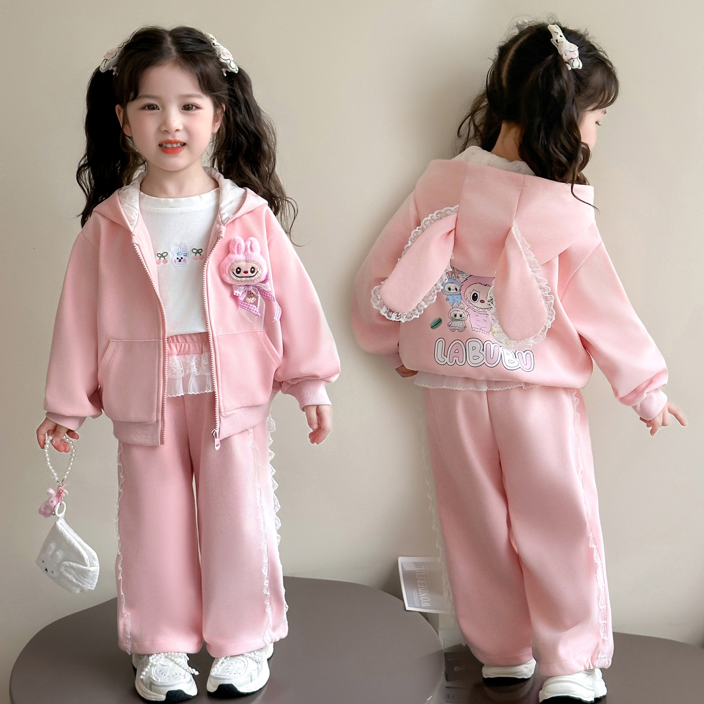 女童lAbubu卡通套装春秋2025新款洋气女孩时髦连帽耳朵开衫两件套