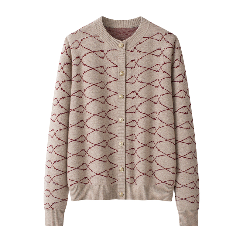 中老年女装2025秋冬新款加厚提花纯羊毛衫女圆领开衫外套妈妈毛衣