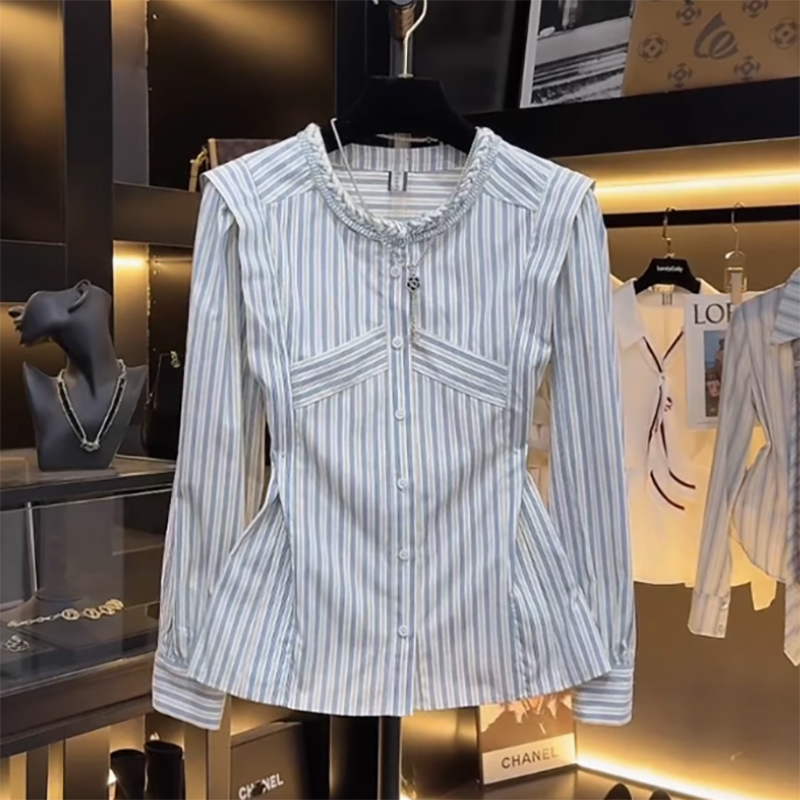 2025新款时尚气质条纹压褶收腰显瘦设计修身长袖衬衫上衣