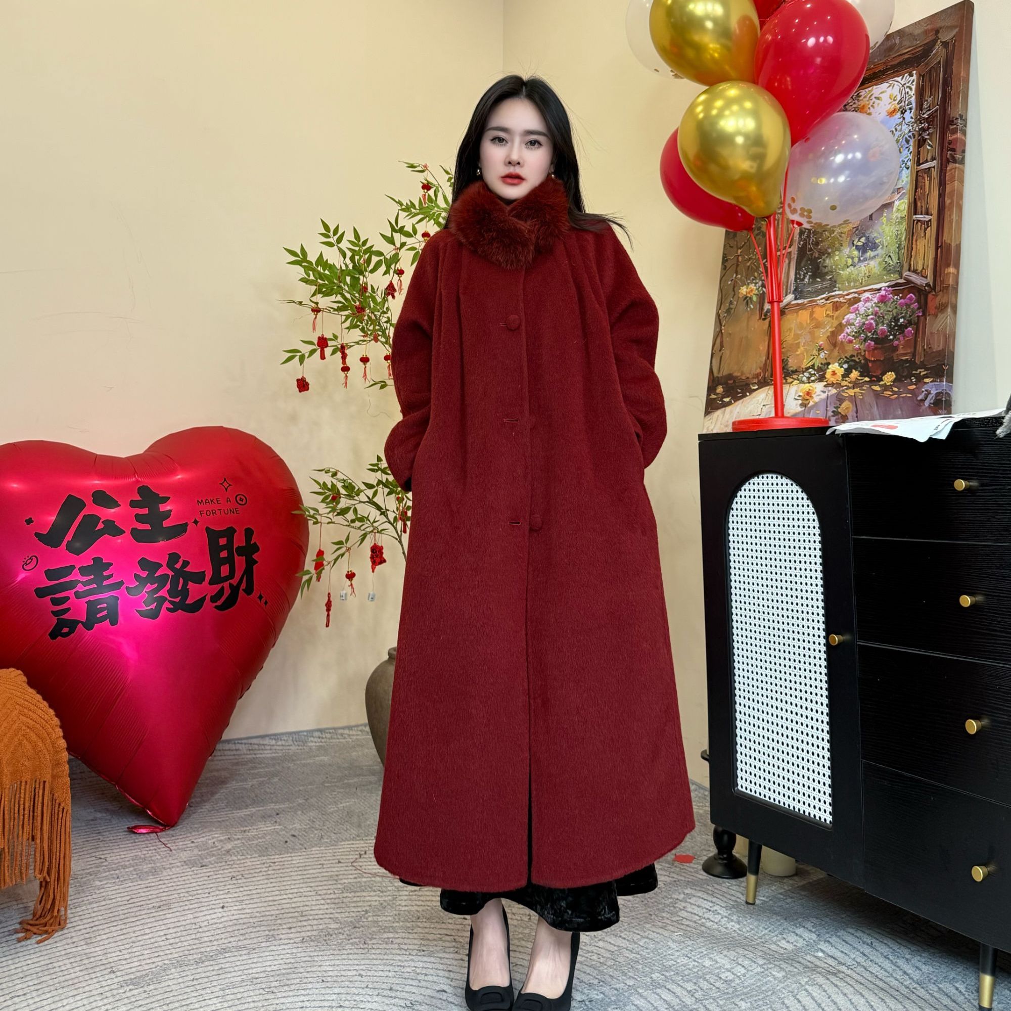 「北欧极光」 芬兰进口狐狸毛领 苏力羊驼双面呢大衣F893-1