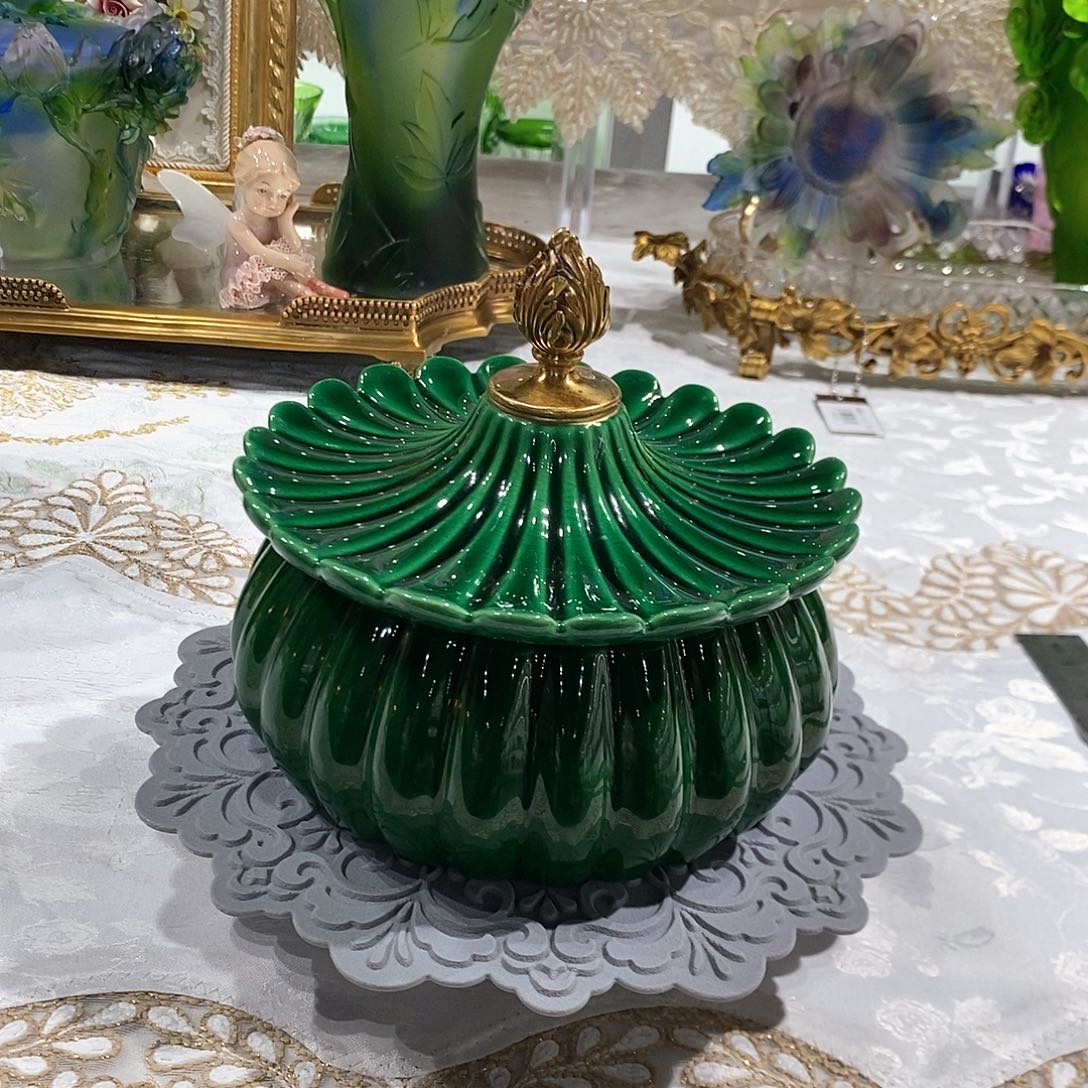 摆件F3267铜配瓷祖母绿南瓜盖盒