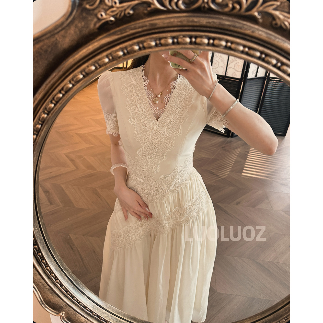 【现货】LUOLUOZ【山野樱花】轻奢蕾丝花边绝美收腰长款连衣裙CC122