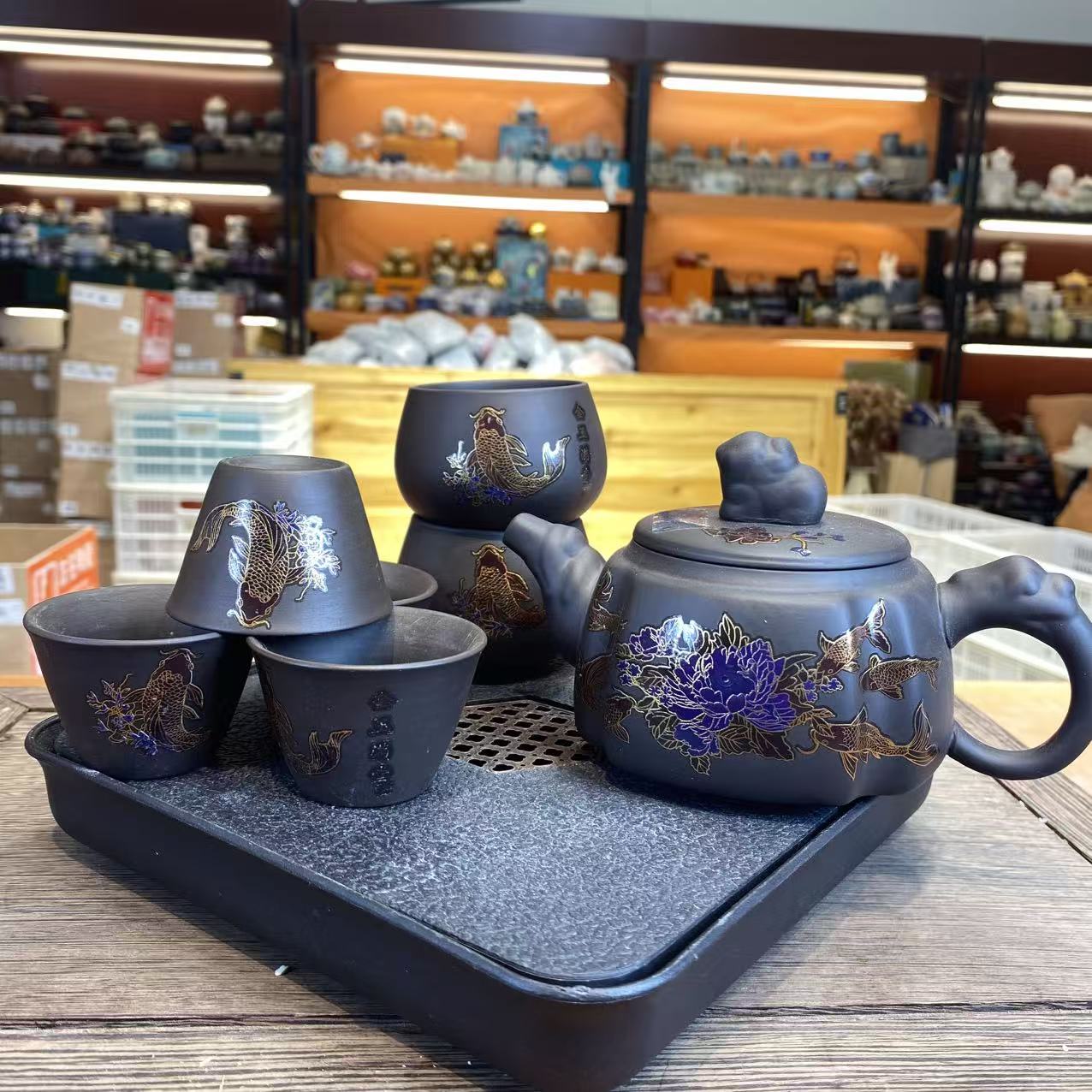 友瓷 黑泥四方金鱼满堂凤鸣四方壶+主人杯（两个）+4杯+盘-3159