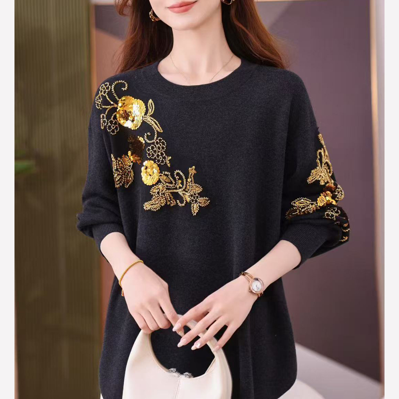 重工刺绣宽松大码长袖减龄女式针织衫上衣