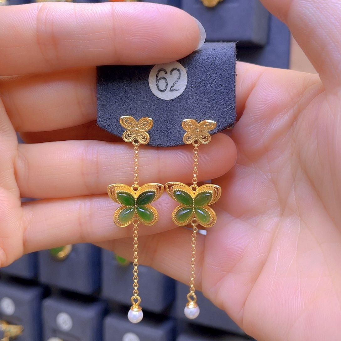 和田玉耳饰银S925镀金镶嵌