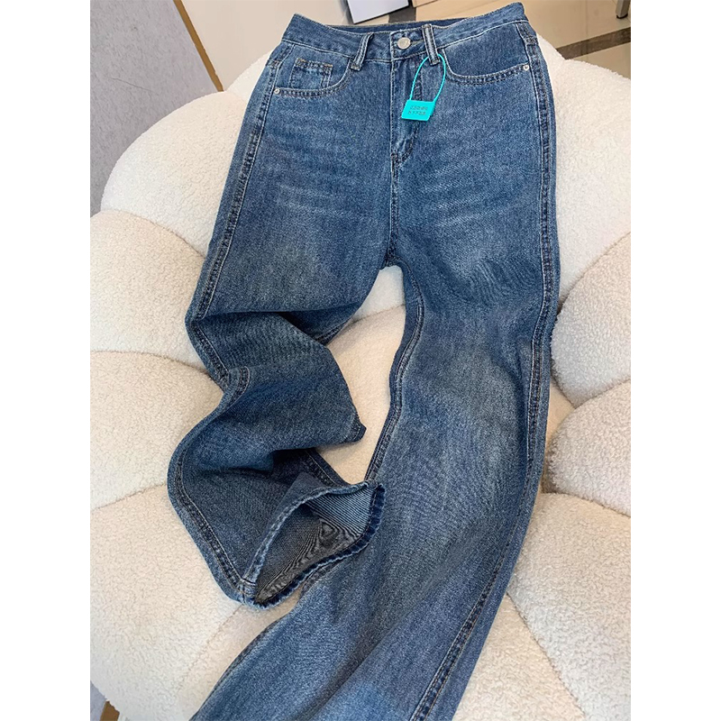 复古蓝宽松直筒牛仔裤女春秋新款秋季高腰宽松显瘦垂感窄版阔腿裤
