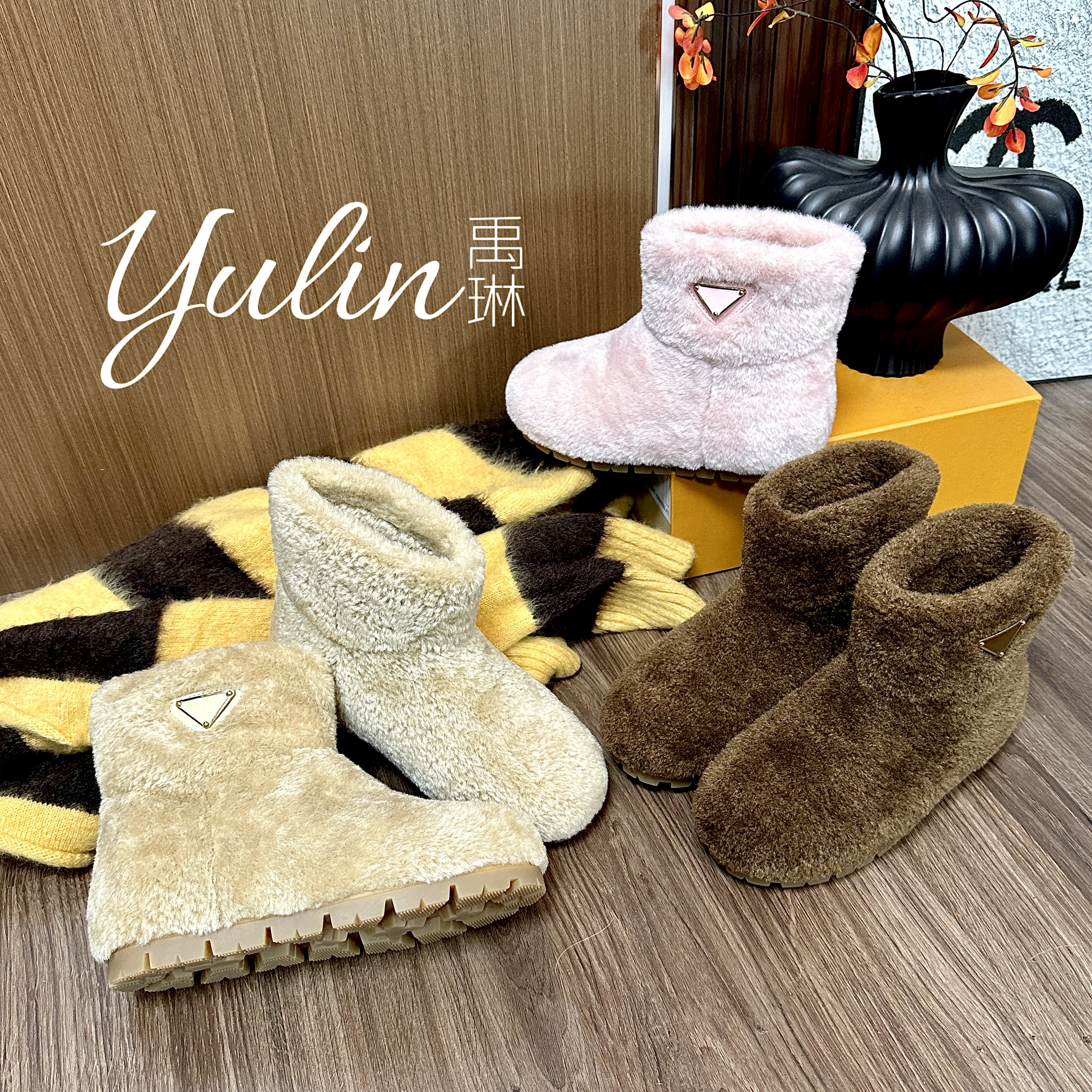 【YULIN】三角标~毛毛厚底增高棉鞋雪地靴
