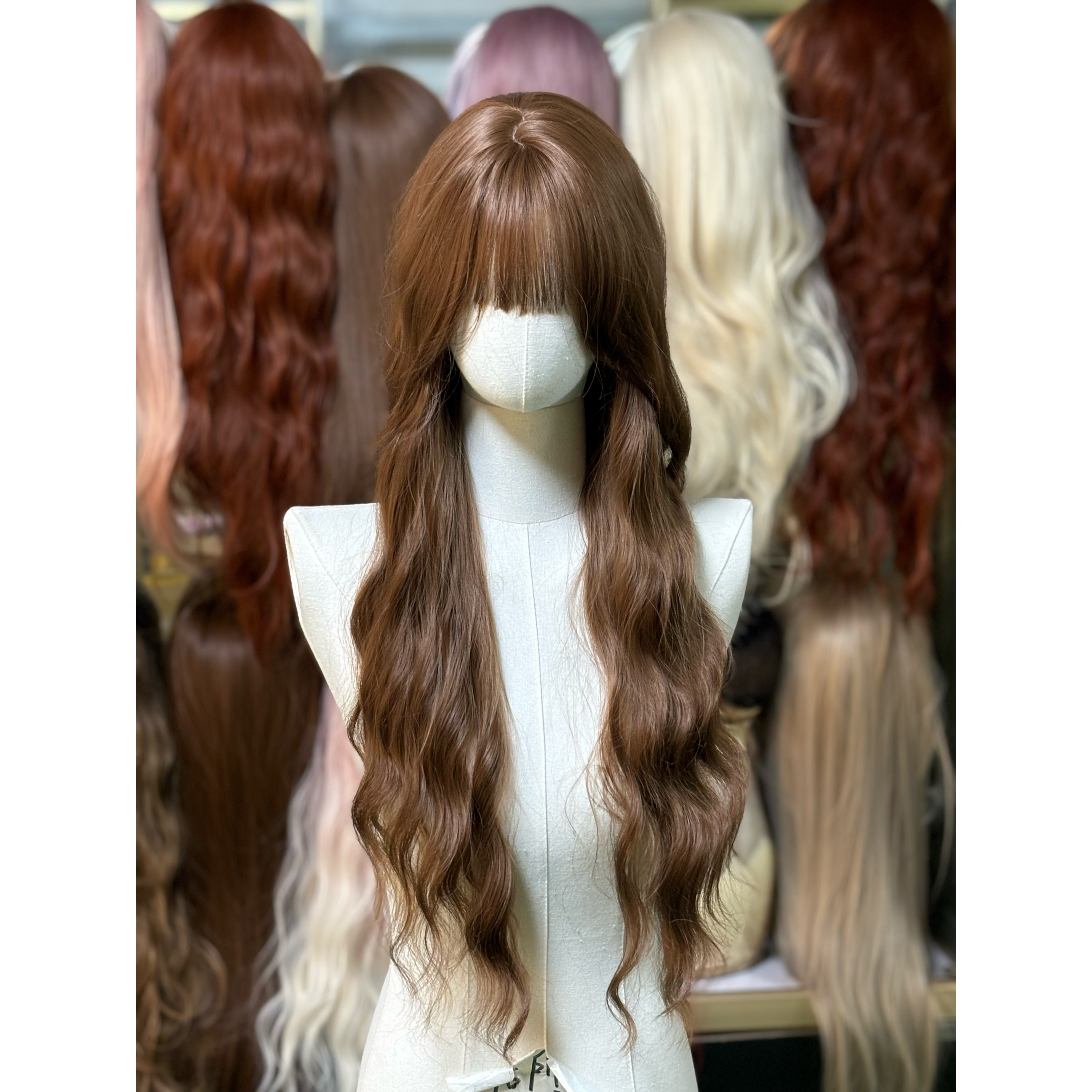 假发全头套女仿真头皮自然蓬松齐刘海蜜茶色羊毛卷长卷发假发套