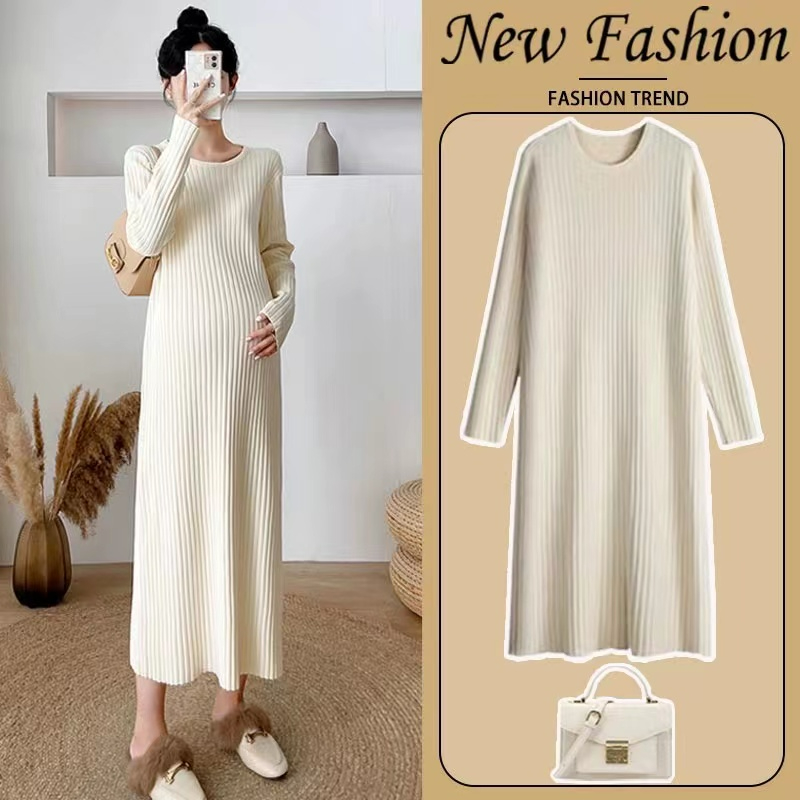 孕妇装秋冬季配大衣外套百搭时尚显瘦过膝长款针织打底孕妇连衣裙