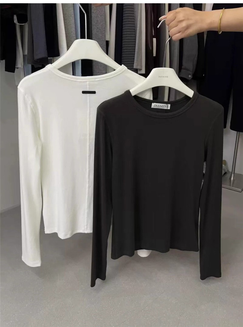 2025韩国秋冬JASMINe纯色显瘦百搭背后立体小标T恤打底衫上衣3448