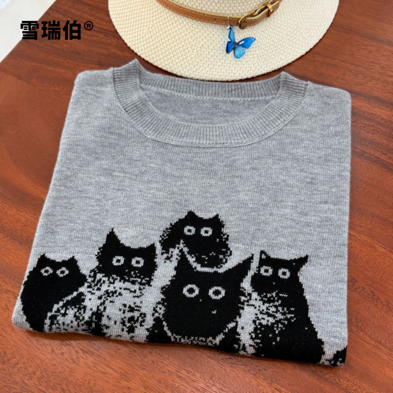 【羊毛桑蚕丝】黑灰猫春夏薄款圆领女打底衫休闲针织衫短袖680