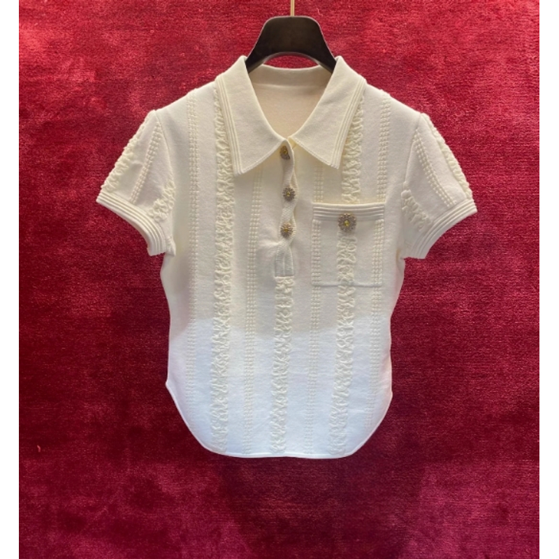 no退no换小雏菊POLO领通勤简约风短袖针织衫女2025早春新款