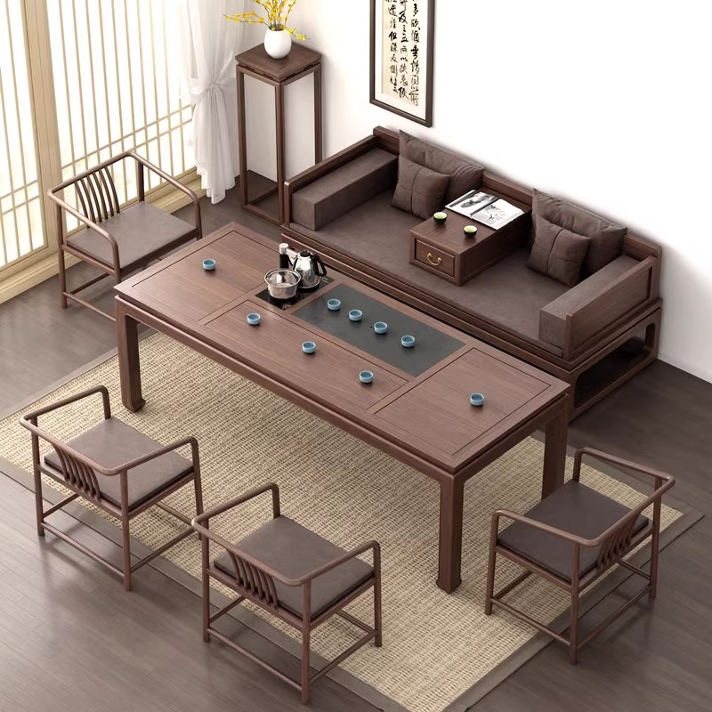 新中式茶桌椅组合黑胡桃实木功夫茶台套装一体简约现代办公室茶几