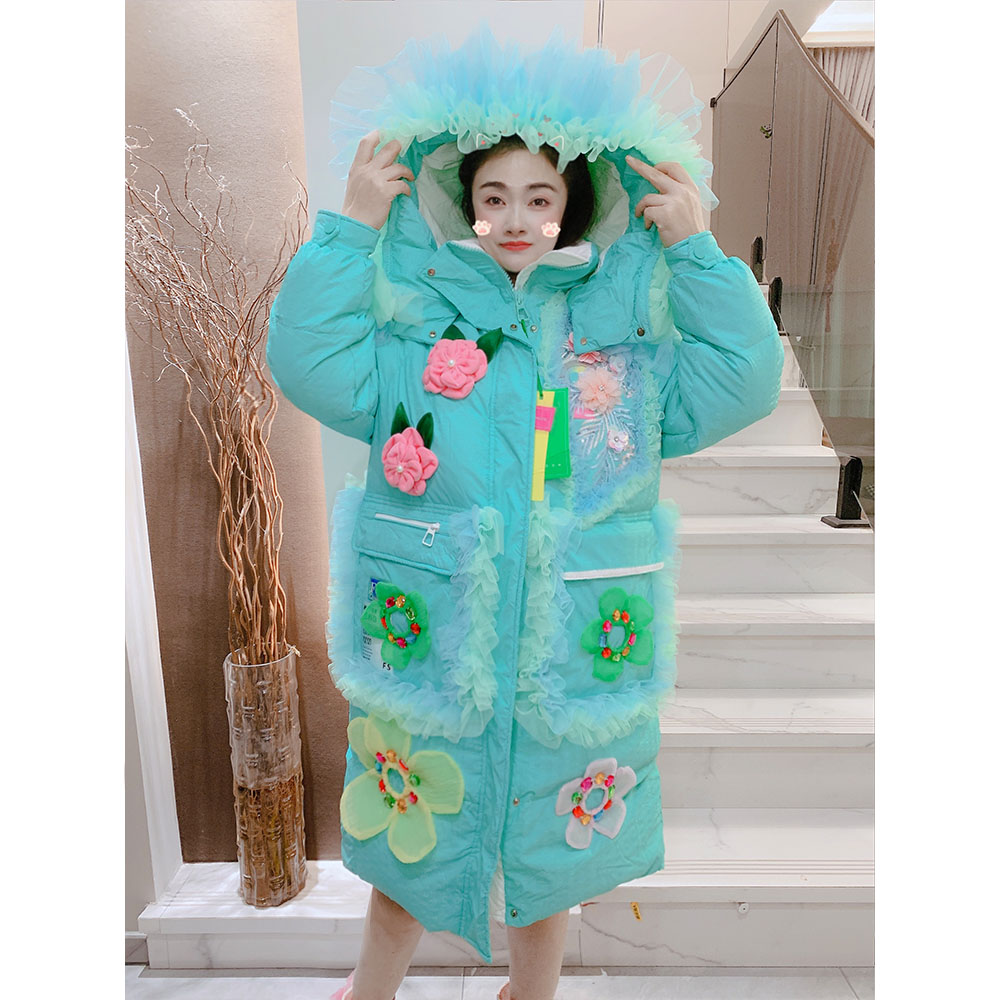 潮牌设计师款小众风中长款俄绒加厚保暖羽绒服立体装饰外套女