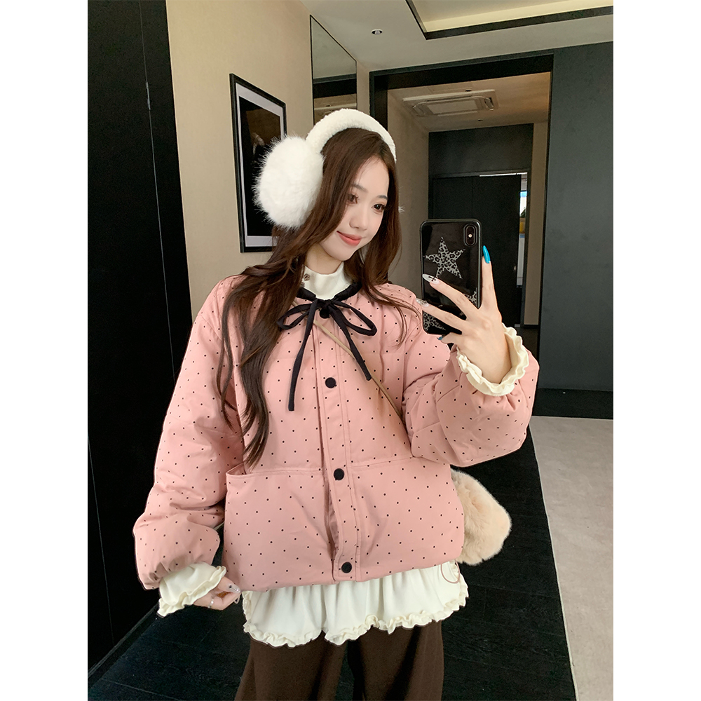  韩系撞色蝴蝶结温柔波点保暖棉服外套23337#