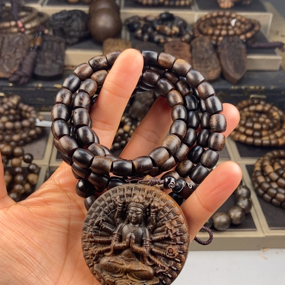 沉香手串安*越南芽庄白棋玉化留疤➕沉香木牌子